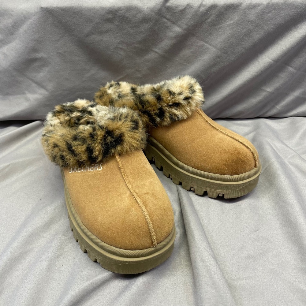 Skechers Kids Leopard Faux Fur Platform Mules Tan Suede Lug Sole 46064 Size 5.5
